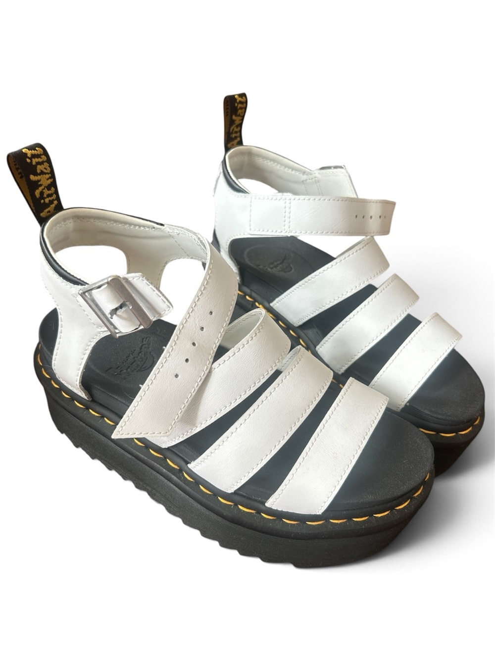 Dr. Martens White Leather Platform Multi-Strap Sandals with Yellow Stitching